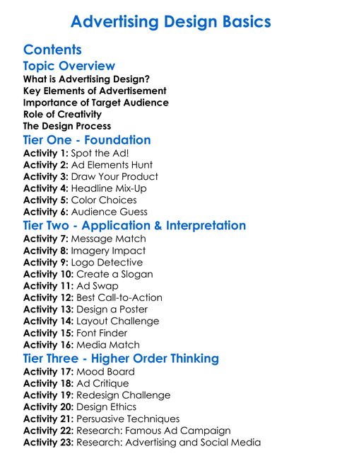 Advertising Design Basics Worksheet Activity Booklet