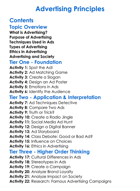 Advertising Principles Worksheet Activity Booklet