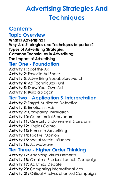 Advertising Strategies And Techniques Worksheet Activity Booklet
