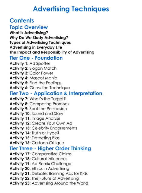 Advertising Techniques Worksheet Activity Booklet