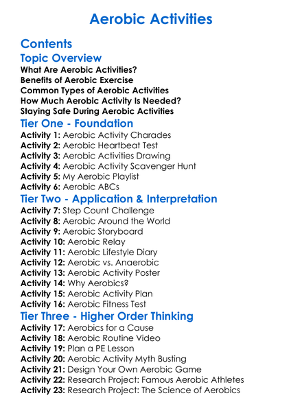 Aerobic Activities Worksheet Activity Booklet