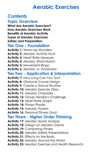 Aerobic Exercises Worksheet Activity Booklet