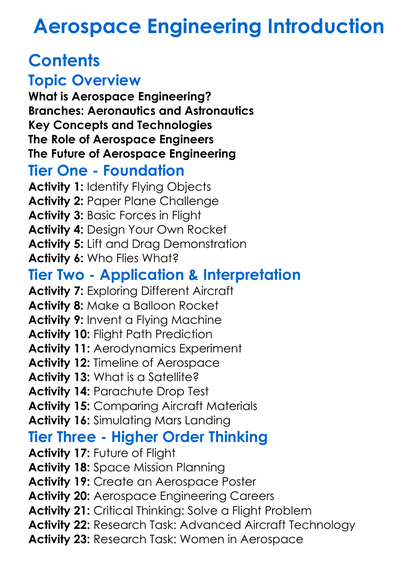 Aerospace Engineering Introduction Worksheet Activity Booklet