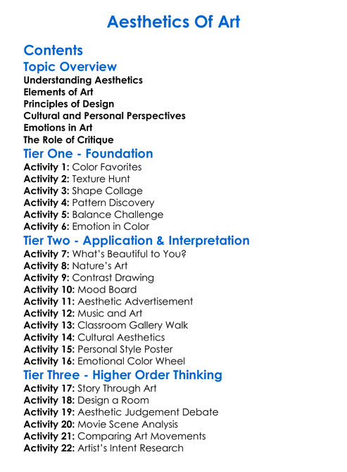 Aesthetics Of Art Worksheet Activity Booklet