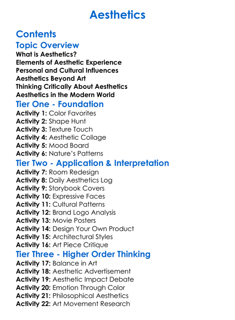 Aesthetics Worksheet Activity Booklet