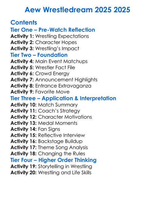 Aew Wrestledream 2025 2025 Worksheet Activity Booklet
