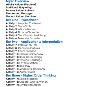 African Literature Worksheet Activity Booklet