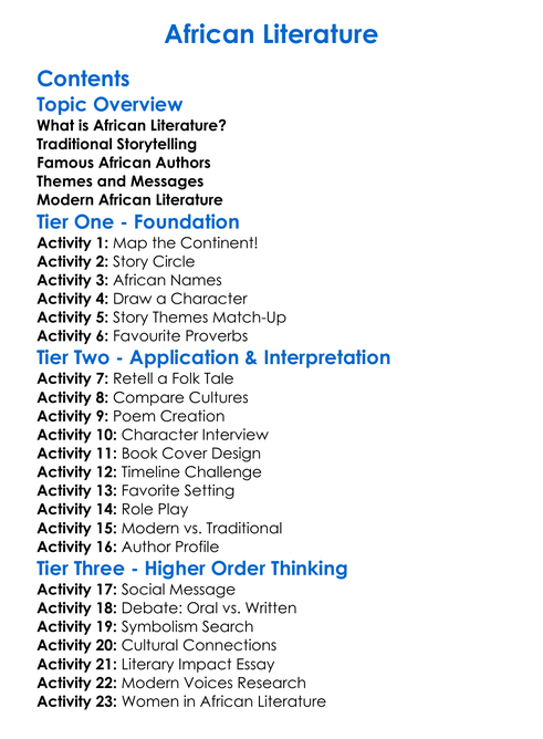 African Literature Worksheet Activity Booklet