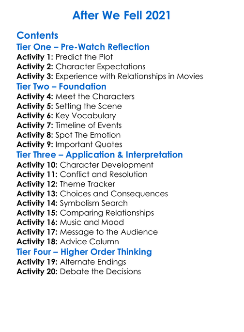 After We Fell 2021 Worksheet Activity Booklet
