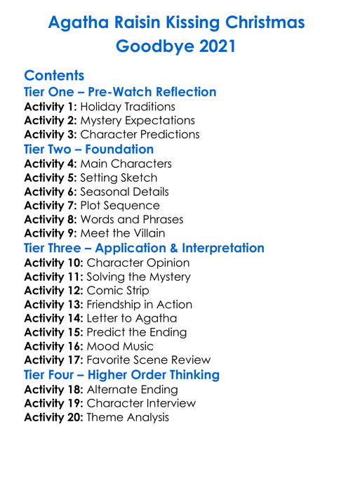 Agatha Raisin Kissing Christmas Goodbye 2021 Worksheet Activity Booklet