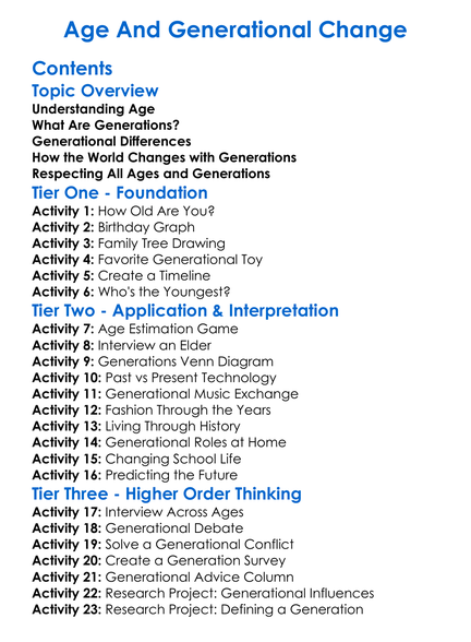 Age And Generational Change Worksheet Activity Booklet