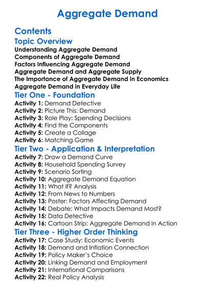 Aggregate Demand Worksheet Activity Booklet
