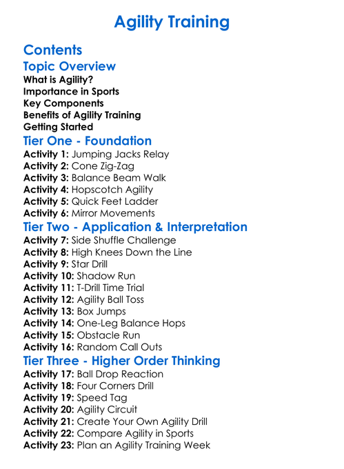 Agility Training Worksheet Activity Booklet