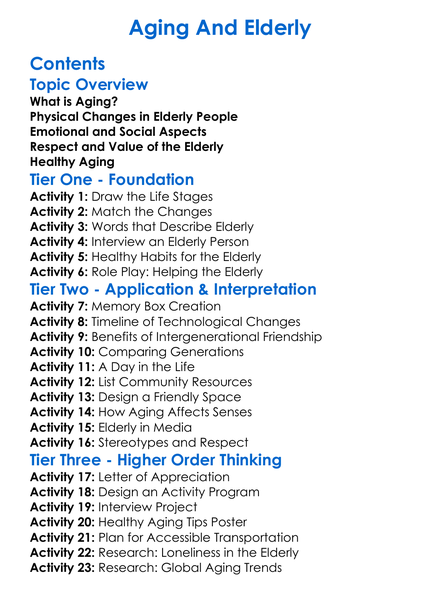 Aging And Elderly Worksheet Activity Booklet