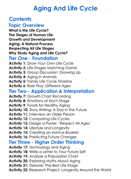 Aging And Life Cycle Worksheet Activity Booklet