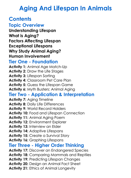 Aging And Lifespan In Animals Worksheet Activity Booklet