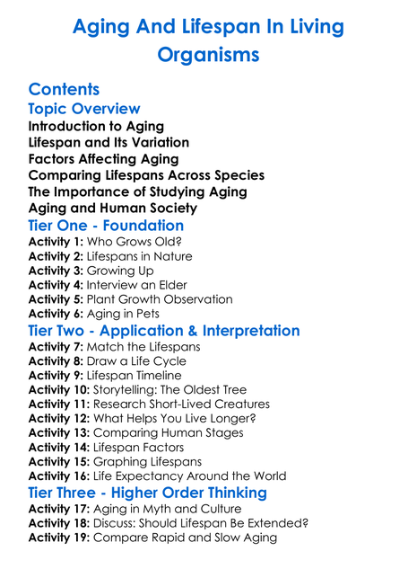 Aging And Lifespan In Living Organisms Worksheet Activity Booklet
