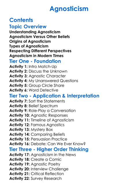 Agnosticism Worksheet Activity Booklet