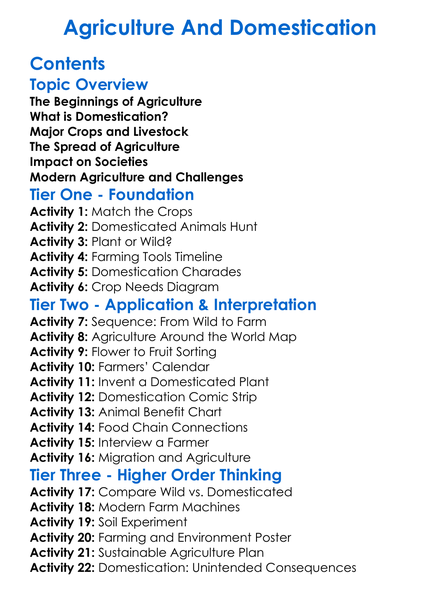 Agriculture And Domestication Worksheet Activity Booklet
