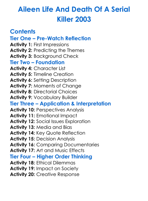Aileen Life And Death Of A Serial Killer 2003 Worksheet Activity Booklet