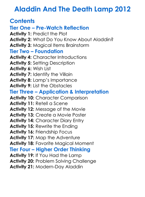 Aladdin And The Death Lamp 2012 Worksheet Activity Booklet