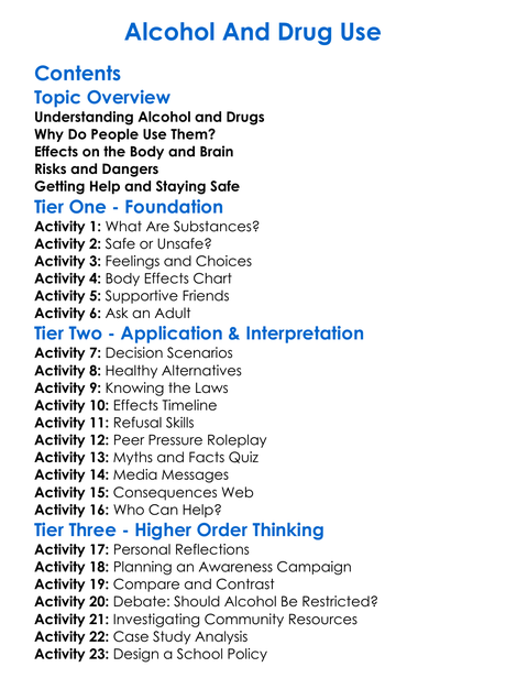 Alcohol And Drug Use Worksheet Activity Booklet