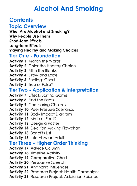 Alcohol And Smoking Worksheet Activity Booklet