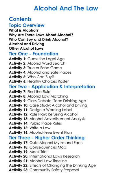 Alcohol And The Law Worksheet Activity Booklet