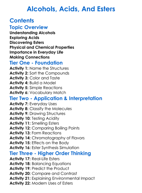 Alcohols Acids And Esters Worksheet Activity Booklet