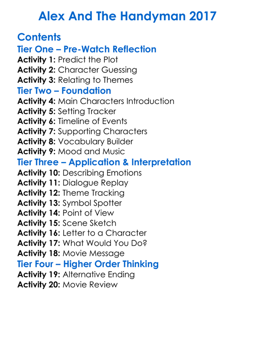 Alex And The Handyman 2017 Worksheet Activity Booklet