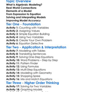 Algebraic Modeling Worksheet Activity Booklet