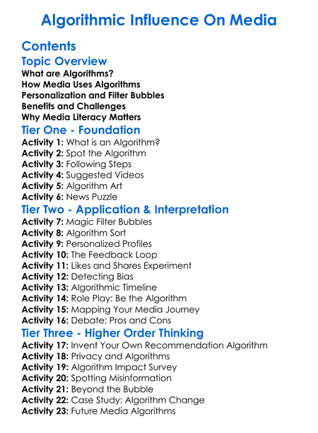 Algorithmic Influence On Media Worksheet Activity Booklet