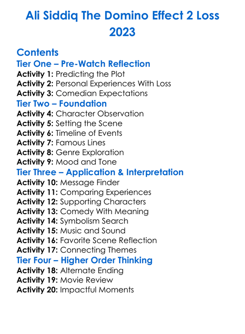 Ali Siddiq The Domino Effect 2 Loss 2023 Worksheet Activity Booklet