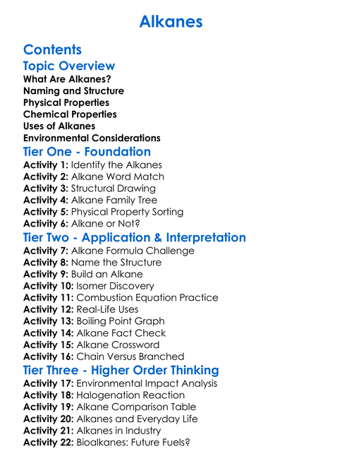 Alkanes Worksheet Activity Booklet