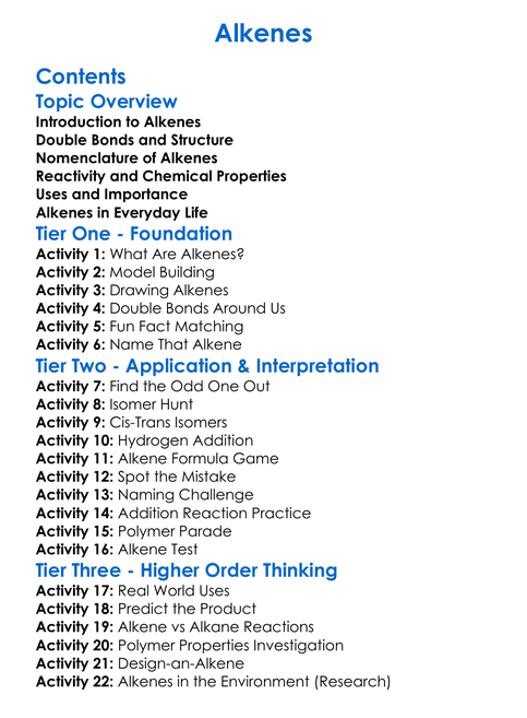 Alkenes Worksheet Activity Booklet