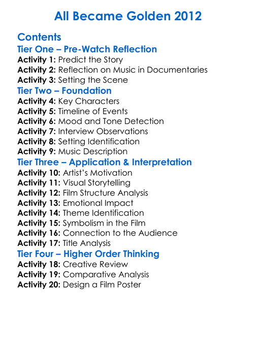 All Became Golden 2012 Worksheet Activity Booklet