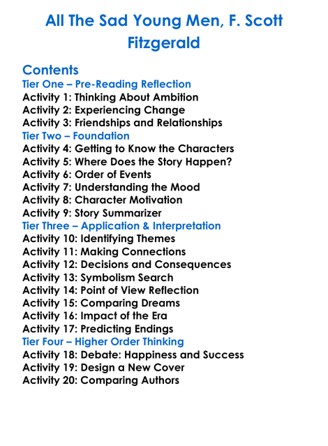 All The Sad Young Men F Scott Fitzgerald Worksheet Activity Booklet