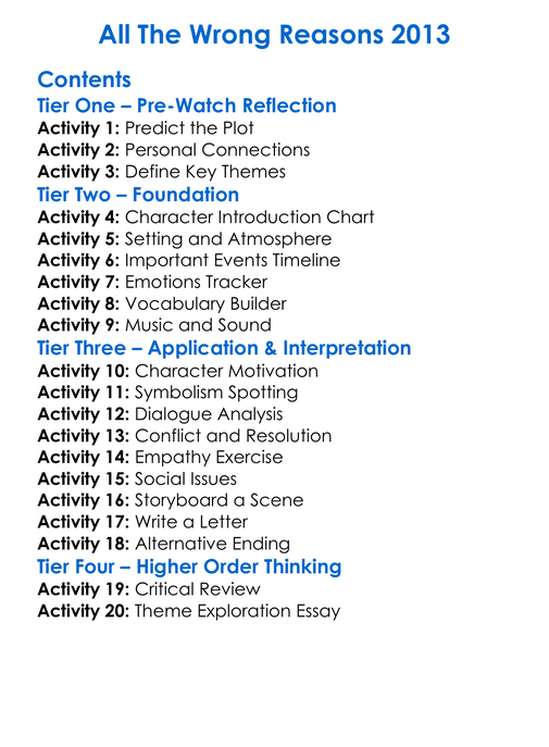 All The Wrong Reasons 2013 Worksheet Activity Booklet