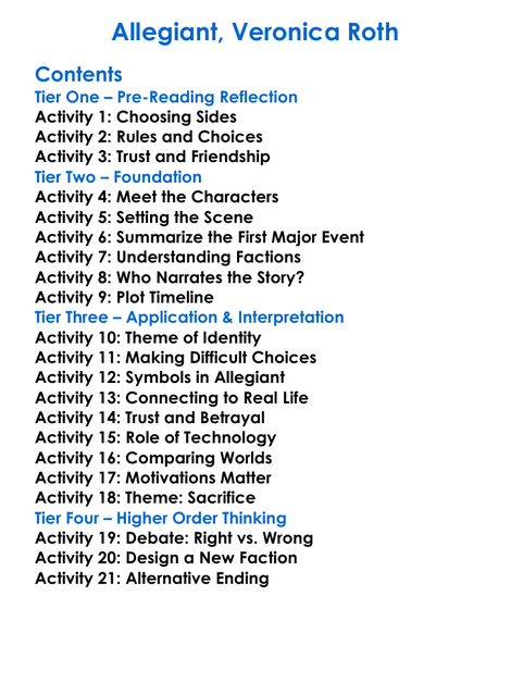Allegiant Veronica Roth Worksheet Activity Booklet