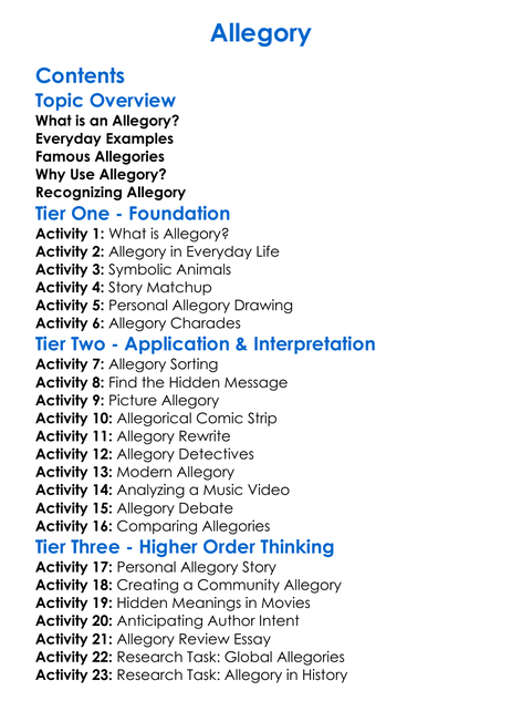 Allegory Worksheet Activity Booklet