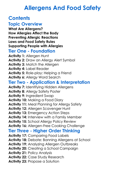 Allergens And Food Safety Worksheet Activity Booklet