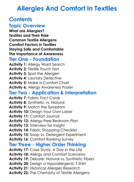 Allergies And Comfort In Textiles Worksheet Activity Booklet