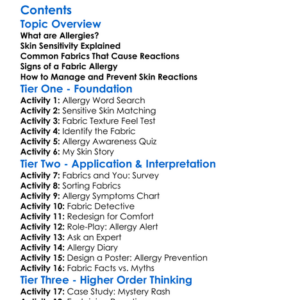 Allergies And Skin Sensitivity To Fabrics Worksheet Activity Booklet