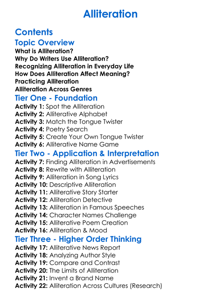 Alliteration Worksheet Activity Booklet