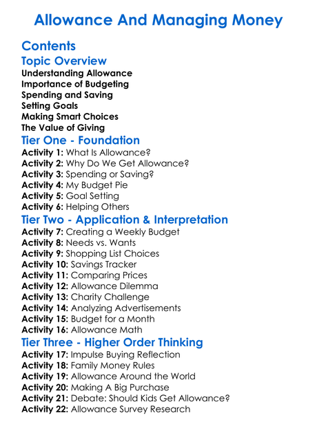 Allowance And Managing Money Worksheet Activity Booklet