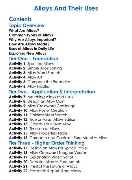 Alloys And Their Uses Worksheet Activity Booklet