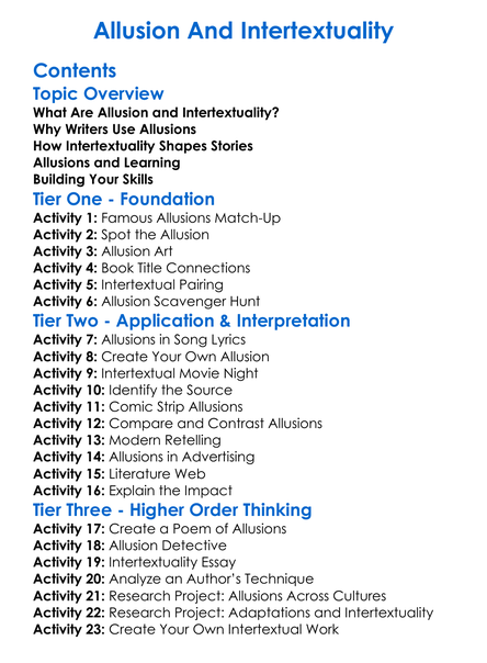 Allusion And Intertextuality Worksheet Activity Booklet