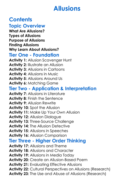Allusions Worksheet Activity Booklet