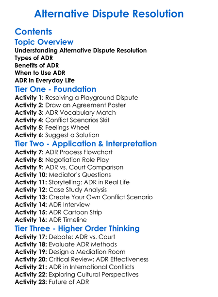 Alternative Dispute Resolution Worksheet Activity Booklet