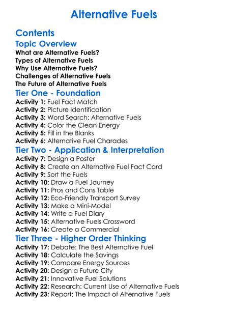 Alternative Fuels Worksheet Activity Booklet